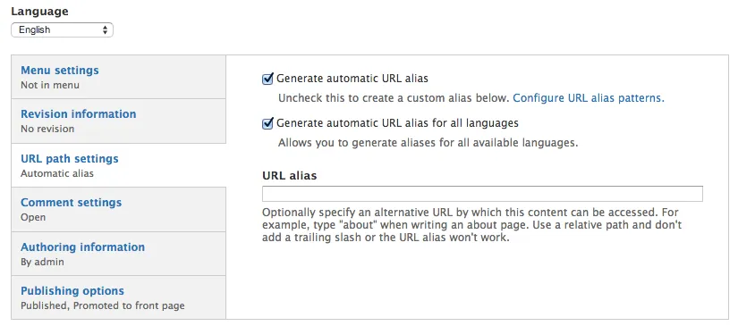 Drupal Pathauto i18n form