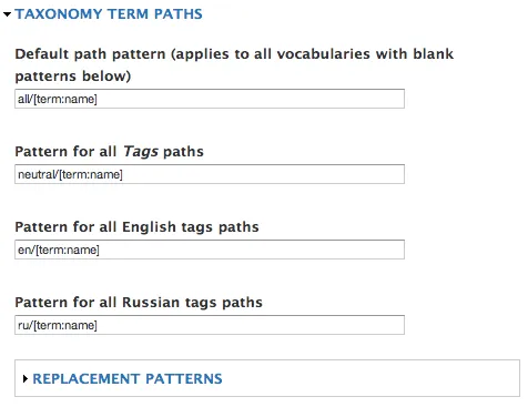 Drupal Pathauto i18n taxonomy patterns